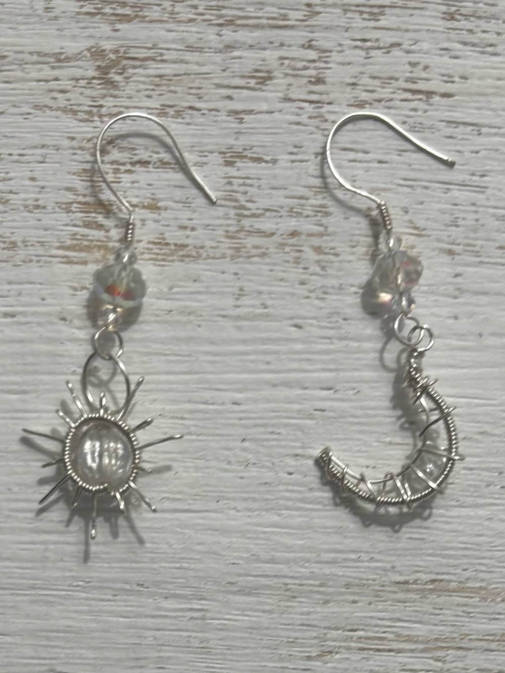🆕Sun and Crescent Moon Dangle Earrings - Silver Wire, Clear Crystal Accent Beads